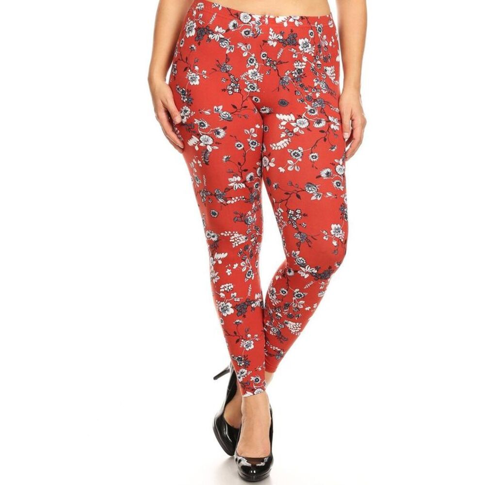 World of Leggings Brushed Ruby Red Spring Floral Plus Size Leggings